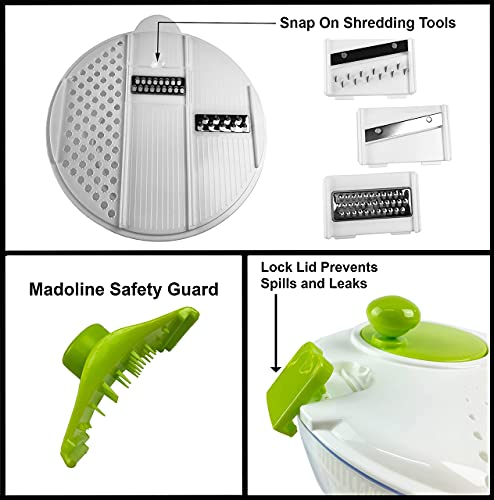  Multifunctional Large Salad Spinner (4 Quarts) And Mandoline Set – 5 Blade Slicer, Drainer, Tosser, Vegetable Dryer With A Pouring Spout