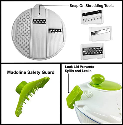  Multifunctional Large Salad Spinner (4 Quarts) And Mandoline Set – 5 Blade Slicer, Drainer, Tosser, Vegetable Dryer With A Pouring Spout