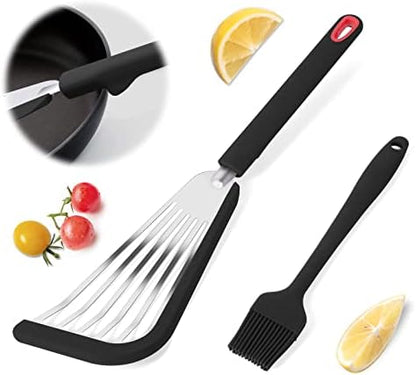  Fish Spatula, Stainless Steel Slotted Fish Turner, Silicone Fish Spatula With Basting Brush, 13 Inch, Heat Resistant, Flexible, Metal Spatula For Nonstick Cookware, BLACK