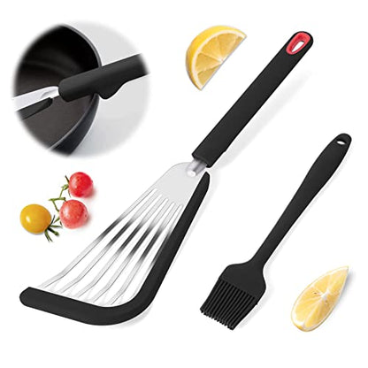  Fish Spatula, Stainless Steel Slotted Fish Turner, Silicone Fish Spatula With Basting Brush, 13 Inch, Heat Resistant, Flexible, Metal Spatula For Nonstick Cookware, BLACK