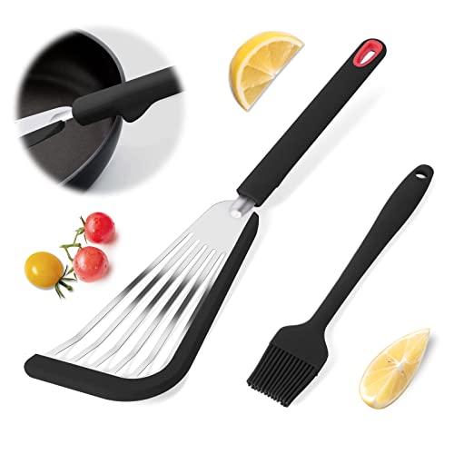  Fish Spatula, Stainless Steel Slotted Fish Turner, Silicone Fish Spatula With Basting Brush, 13 Inch, Heat Resistant, Flexible, Metal Spatula For Nonstick Cookware, BLACK