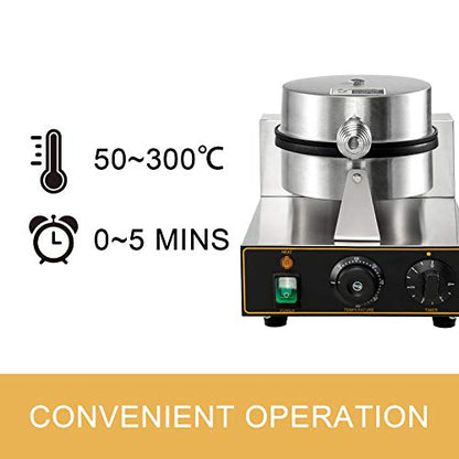  Commercial Round Waffle Maker Nonstick 1100W Stainless Steel 110V Temperature And Time Control, Suitable For Restaurant Bakeries Snack Bar Family, Non-rotated