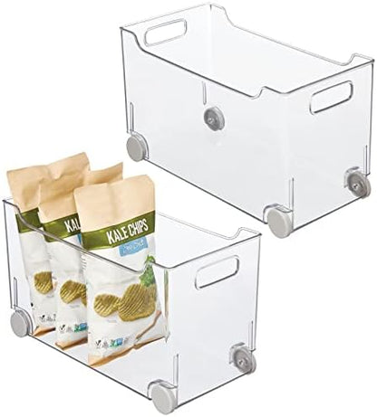  Plastic Storage Container Bin Box With Rolling Wheels And Handle For Kitchen Organization - Pantry, Cupboard, Cabinet Shelves, Or Under Sink - Lumiere Collection - Clear/Gray