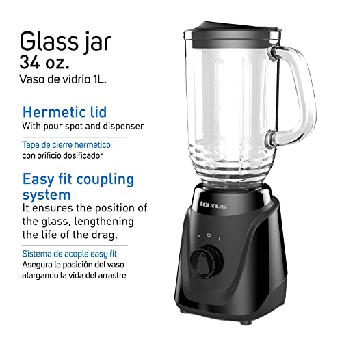 Taurus |Menina Glass| Blender With 2 Speed Control |Glass Jar 32 Oz | Modern Design| Compact Size | 300 W| Easy Fit System |Easy To Clean |Make It In Minutes