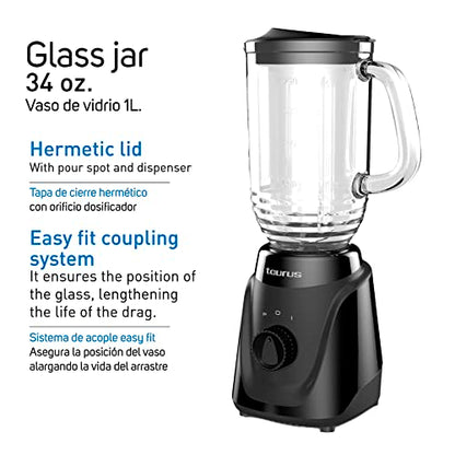 Taurus |Menina Glass| Blender With 2 Speed Control |Glass Jar 32 Oz | Modern Design| Compact Size | 300 W| Easy Fit System |Easy To Clean |Make It In Minutes