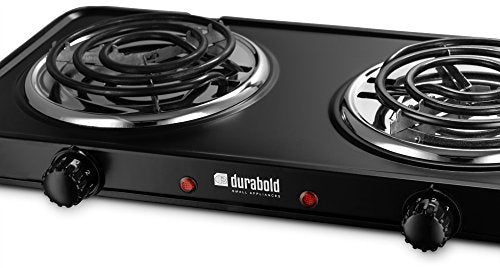  Kitchen Countertop Cast-Iron Double Burner - Stainless Steel Body – Ideal For RV, Small Apartments, Camping, Cookery Demonstrations, Or As An Extra Burner – By Durabold (Black)
