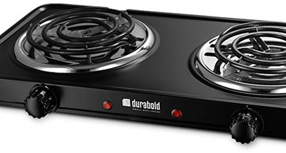  Kitchen Countertop Cast-Iron Double Burner - Stainless Steel Body – Ideal For RV, Small Apartments, Camping, Cookery Demonstrations, Or As An Extra Burner – By Durabold (Black)