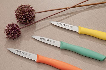  Paring Knife Set Of 3 Pieces 4 Inch Stainless Steel. Colorful Kitchen Knives For Peeling Fruits And Vegetables. Ergonomic Polypropylene Handle. Series Nova. Color Orange, Yellow And Blue.