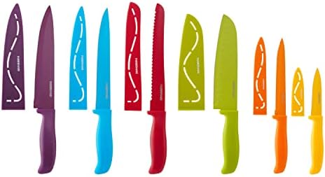  12-Piece Non-Stick Resin, Dishwasher-Safe Kitchen Knife Set With Custom-Fit Blade Covers, Razor-Sharp, Multicolor