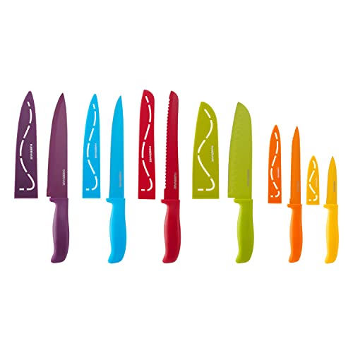  12-Piece Non-Stick Resin, Dishwasher-Safe Kitchen Knife Set With Custom-Fit Blade Covers, Razor-Sharp, Multicolor