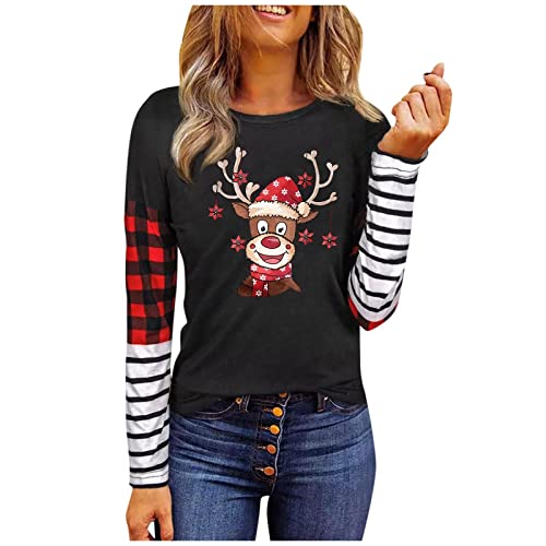  Womens Causal Loose Crewneck Cute Fashion Christmas Print Long Sleeve Sweatshirts Plus Size Pullover Top Streetwear