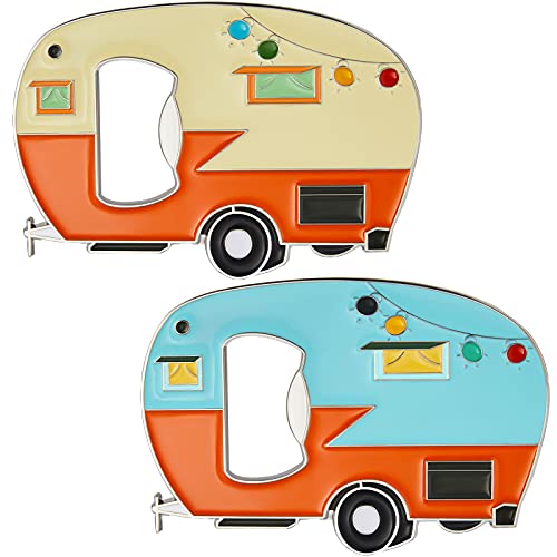  Bottle Openers Magnetic With Fridge Magnet Sticker Refrigerator Magnet Beer Bottle Openers, RV Caravan Camper Bottle Openers For Indoor Outdoor Picnic Home Kitchen Tools (Blue, Yellow,2 Pieces)