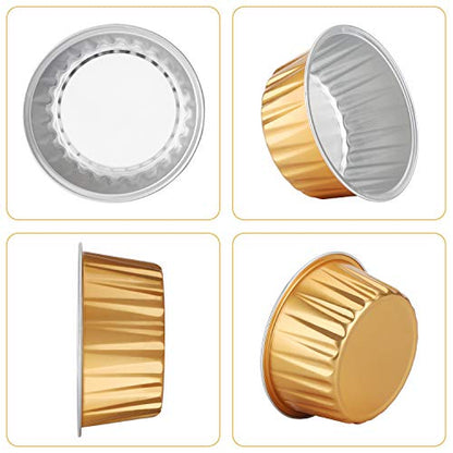  Disposable Ramekins, Gold 50pcs 5oz Mini Aluminium Foil Baking Cups With Lids Creme Brulee Cupcake Liners, Desert Cheesecake Pans Flan Molds Tin Cups Containers For Party Favor Birthday