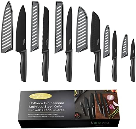  DISHWASHER SAFE Kitchen Knife Set, Marco Almond® KYA37 12-Piece Rainbow Titanium Stainless Steel Boxed Knives Set For Kitchen With Sheath, 6 Knives With 6 Blade Guards, Teal