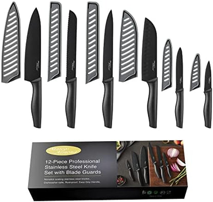  DISHWASHER SAFE Kitchen Knife Set, Marco Almond® KYA37 12-Piece Rainbow Titanium Stainless Steel Boxed Knives Set For Kitchen With Sheath, 6 Knives With 6 Blade Guards, Teal