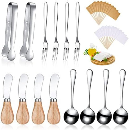  14 Pieces Cheese Butter Spreader Set Charcuterie Accessories Stainless Steel Knives With Wooden Handles Charcuterie Boards Utensils Mini Serving Tongs Spoons And Forks(Yellow)