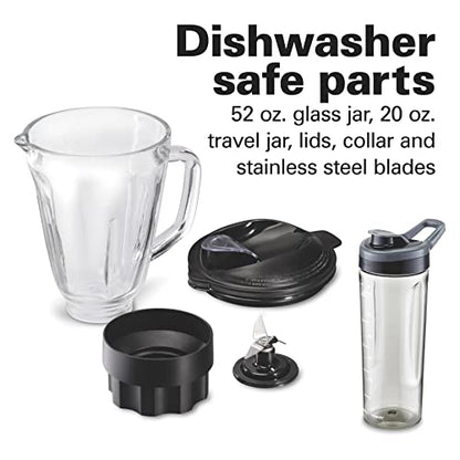 Hamilton Beach Der And Food Processor Combo With Auto Programs For Smoothie And Ice Crush, Blend-In Portable Travel Cup, 52oz Glass Jar & 3 Cup Food Chopper, 950 Watts, Black (58242)
