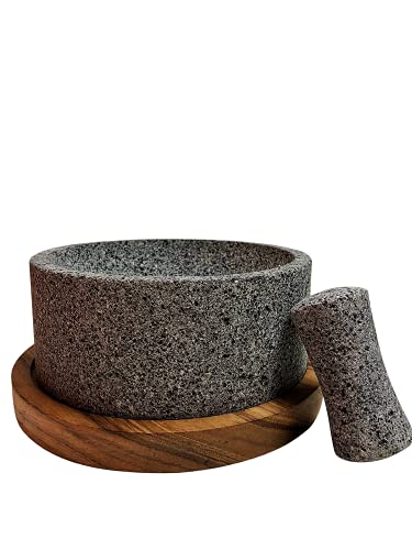  Lava Stone Mortar And Pestle/Molcajete"Chilmamolli" With Wooden Base, Elegant Design, Mexican Molcajete For Guacamole And Sauces (8 Inches)