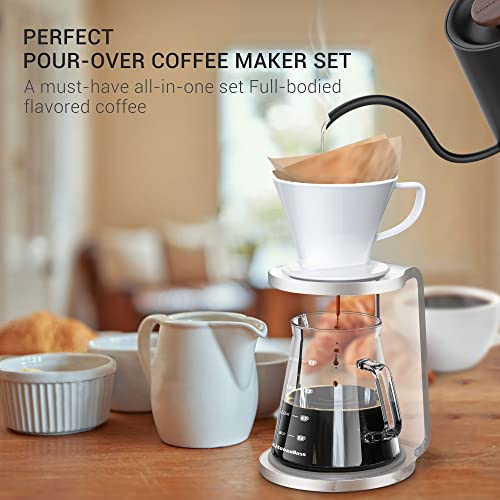  Pour Over Coffee Maker Set Pour Over Stand Set | White Ceramic Dripper | 600ml/20oz Glass Server | Non-slip Stand | Home Office Coffee Maker Kit 5 Cup