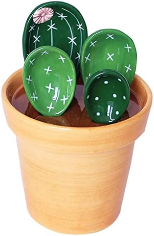  Ceramic Cactus Measuring Spoons And Cups, Cute Measuring Spoons Set In Pot, Cactus Shape Kitchen Decor Small Measuring Spoons (Green)