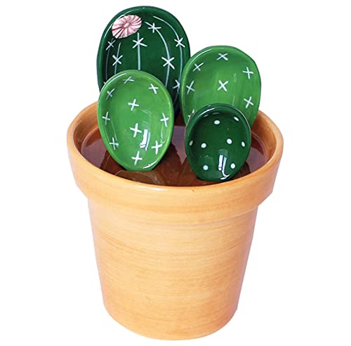  Ceramic Cactus Measuring Spoons And Cups, Cute Measuring Spoons Set In Pot, Cactus Shape Kitchen Decor Small Measuring Spoons (Green)