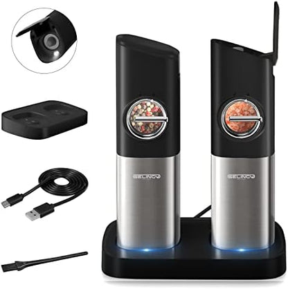  Electric Salt And Pepper Grinder Set With Rechargeable Base, One Hand Operation Automatic Salt And Pepper Grinder Set - White Light - Adjustable Coarseness Pepper Mill Grinders