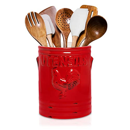  Kitchen Utensil Holder For Countertop - Large 7” Rustic Ceramic Utensil Crock - Dishwasher-Friendly Rooster Cooking Utensil Organizer Caddy For Farmhouse Kitchen Decor .red