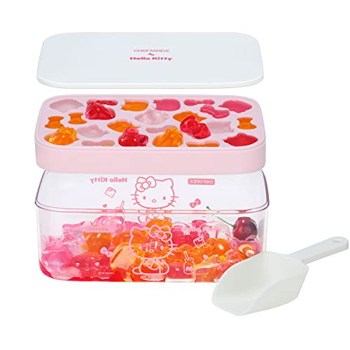  Hello Kitty Ice Cube Tray With Lid Container & Scoop, Easy-Release Silicone & Flexible 24pcs Cute Kitty Ice Cubes For Chingling Cocktail And Milk Tea (Pink)