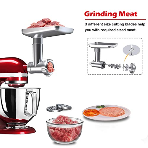  Metal Food Grinder & Pasta Maker Attachment For KitchenAid Stand Mixers, COKBEST 5 In 1 Attachment Included Grinding Meat, Making Sausage,Meatballs,Noodles,Cookies(Silver)
