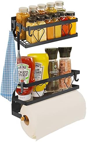  Magnetic Spice Rack, Large Black (2-Pack) - Magnetic Shelf For Spice Storage, Magnetic Spice Rack For Refrigerator, Oven, Etc. | Premium Magnetic Fridge Organizer - Spice Organizer With Free Hooks