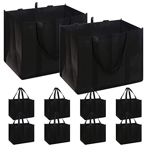  Set Of 10 Reusable Grocery Bags Extra Large Foldable Heavy Duty Shopping Tote Produce Bag With Reinforced Handles, Black