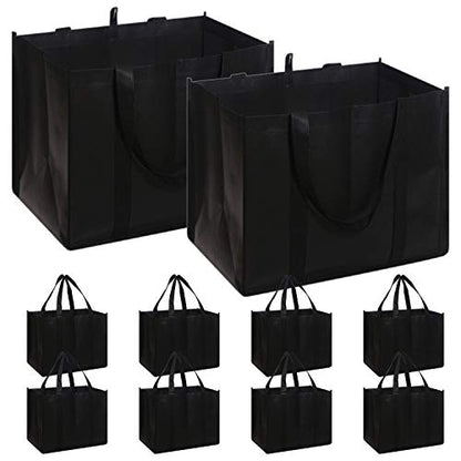  Set Of 10 Reusable Grocery Bags Extra Large Foldable Heavy Duty Shopping Tote Produce Bag With Reinforced Handles, Black