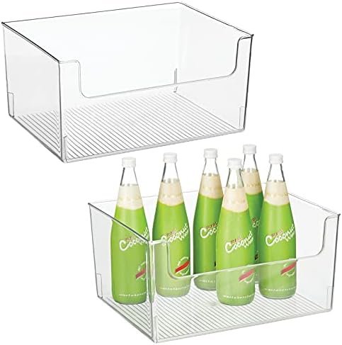  Modern Wide Plastic Open Front Dip Storage Organizer Bin Basket For Kitchen Organization - Shelf, Cupboard, Cabinet, And Pantry Organizing Decor - Ligne Collection - 2 Pack - Clear