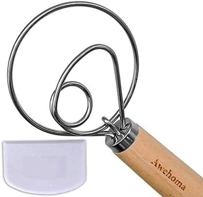  Danish Dough Whisk Large Hand Mixer - 2 Pack Large 13” Stainless Steel Wooden Danish Whisk With 2 Dough Scraper - Dutch Style Artisan Blender For Bread, Batter, Cake, Pastry - Gift For Bakers