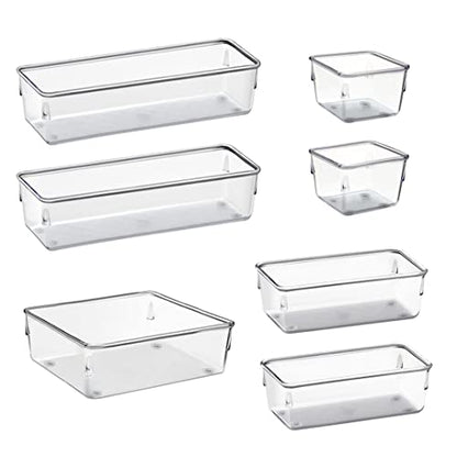  Desk Drawer Organizer Box Tray Storage Bins Modular Divider For Home, Kitchen, Office And Storage (Clear Crystal Plastic) (7 Pack - 4 Sizes)