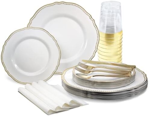 " OCCASIONS " 120 Plates Pack,(60 Guests) Heavyweight Premium Wedding Party Disposable Plastic Plates Set -60 X 10.25'' Dinner + 60 X 7.5'' Salad/Dessert (Rochelle Seafoam/Mint And Gold))