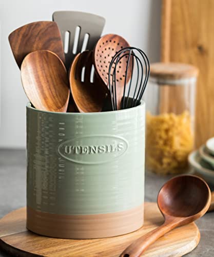  YHOSSEUN Kitchen Utensil Crock For Farmhouse Decor Utensil Holder For Countertop Organizer Extra-Large Utensil Caddy Porcelain, Oval, Green