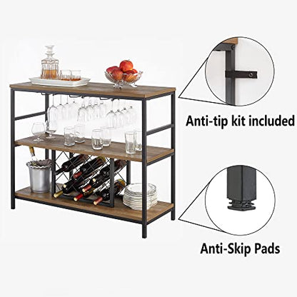  Wine Rack Table With Glass Holder And Wine Storage, Industrial Rustic Wood And Metal Bar Buffet Cabinet, Oak