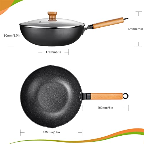 N/A Wok Stir Fry Pan With Lid, Nonstick Woks Pan 12 Inch, 100% PFOA-Free Coating, Non Stick Cooking Frying Pans With Detachable Wooden Handle, Induction Compatible, Black