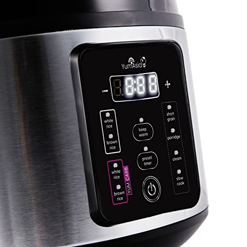  Asia Kumo YumCarb Rice Cooker With Ceramic Bowl And Advanced Fuzzy Logic, (5.5 Cups, 1 Litre), 5 Rice Cooking Functions, 3 Multicooker Functions, 110V US Power (Light Stainless Steel)