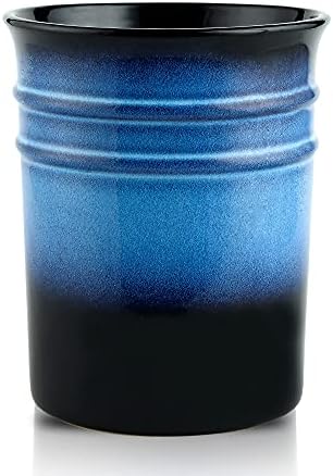  Nihow Kitchen Utensil Holder: 7.2 Inch Extra Large Ceramic Utensil Holder For Countertop - Stable Utensil Crock For Kitchen Counter Decor - Elegant Blue & Black (1PC)