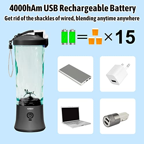  20 Oz Portable Blender For Shakes And Smoothies, TOPESCT Personal Size Blender USB Rechargeable, Strong Cutting Power With 6 Ultra-sharp Blades For Travel, Office & Sports (Black)