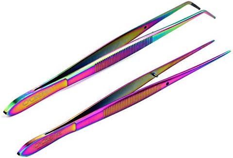  Reme Blue Stainless Steel Precision Kitchen Culinary Fine-Tip Tweezer Tongs, 1 With Curved Tip And 1 With Straight Tip