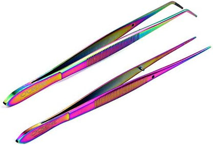  Reme Blue Stainless Steel Precision Kitchen Culinary Fine-Tip Tweezer Tongs, 1 With Curved Tip And 1 With Straight Tip
