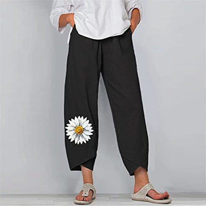  Capri Pants For Women Plus Size Cotton Linen Pockets Wide Leg Trousers Graffiti Print Relex Fit Beach Cropped Pants