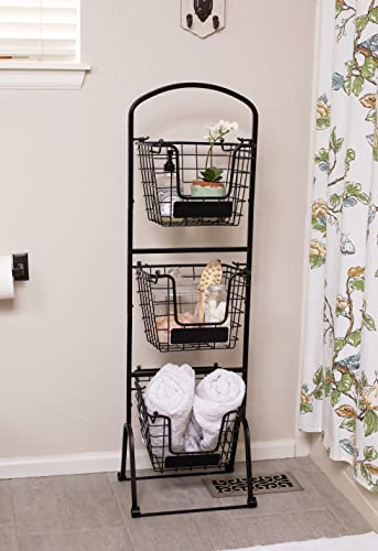  IRDROCK HOME 3-Tier Wire Market Basket Stand With Chalk Label - Snack Fruit Vegetable Produce Metal Hanging Storage Bin For Kitchen Pantry - Free-Standing Or Stacking Organizer - Black