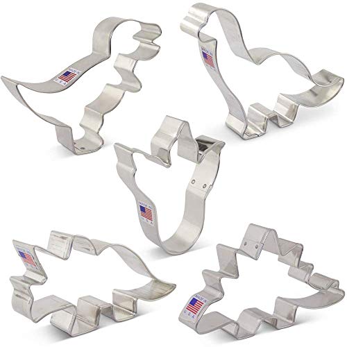  Dinosaur Cookie Cutters 5-Pc Set Made In USA By Ann Clark, Triceratops, Stegosaurus, T-Rex, Brontosaurus, Dino Footprint