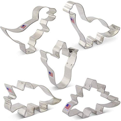  Dinosaur Cookie Cutters 5-Pc Set Made In USA By Ann Clark, Triceratops, Stegosaurus, T-Rex, Brontosaurus, Dino Footprint