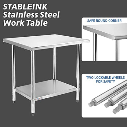  STABLEINK NSF Stainless Steel Table, 24 X 36 Inches Metal Prep & Work Table With Adjustable Undershelf And Table Foot, For Commercial Kitchen, Restaurant, Hotel And Garage (Without Caster Wheels)