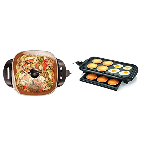 Bella Electric Ceramic Titanium Skillet, Glass Lid Included, 12" X 12", Copper/Black & Electric Griddle W Warming Tray, Healthy-Eco Non-stick Coating, Hassle-Free Clean Up, 10" X 18", Copper/Black